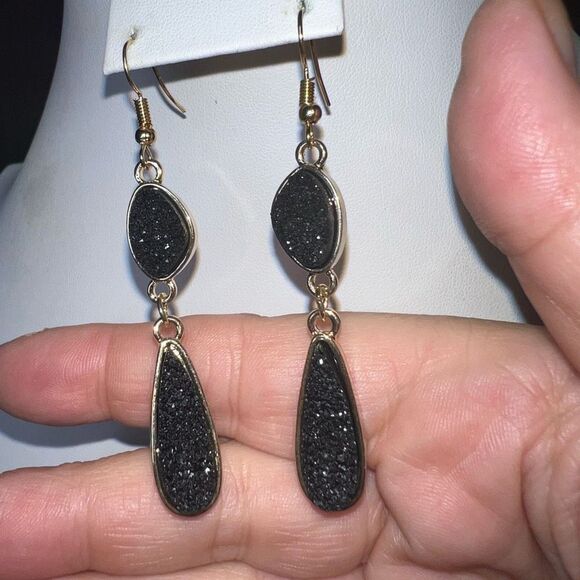 Black Druzy and Gold Tone Double Drop Earrings - Picture 5 of 7